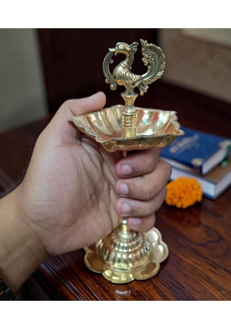 Srimaa Ventures Yellow Traditional Brass Peacock Oil Lamps Set of 2 - Indya