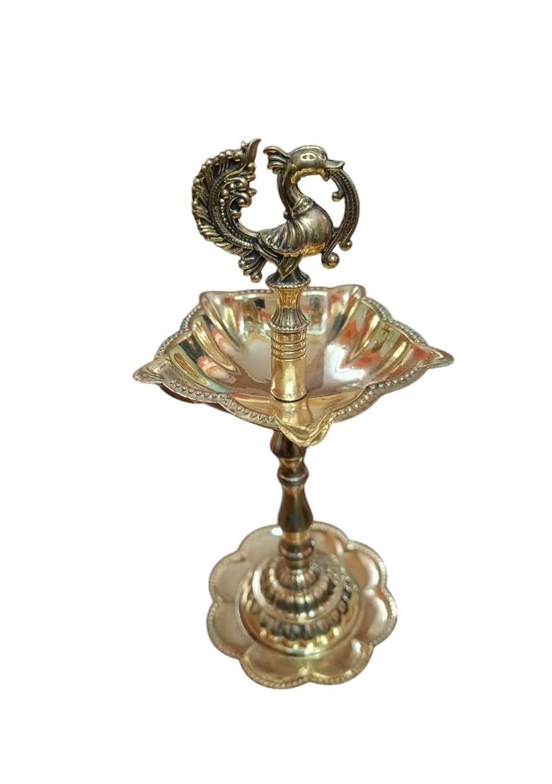 Srimaa Ventures Yellow Traditional Brass Peacock Oil Lamps Set of 2 - Indya