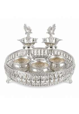 Sgr Handicrafts German Silver Pooja Thali Set with 10 Inch Plate 3 Nakashi Bowls and Peacock Diya