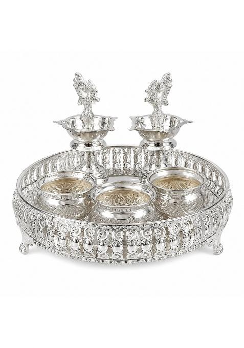 Sgr Handicrafts German Silver Pooja Thali Set with 10 Inch Plate 3 Nakashi Bowls and Peacock Diya