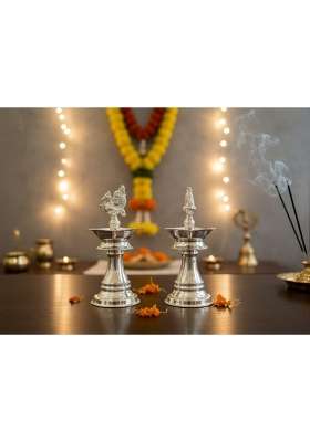 Shiv Home World German Silver Traditional Peacock Diya Lamp Set Decorative Oil Lamp Stand for Puja Pack of 2