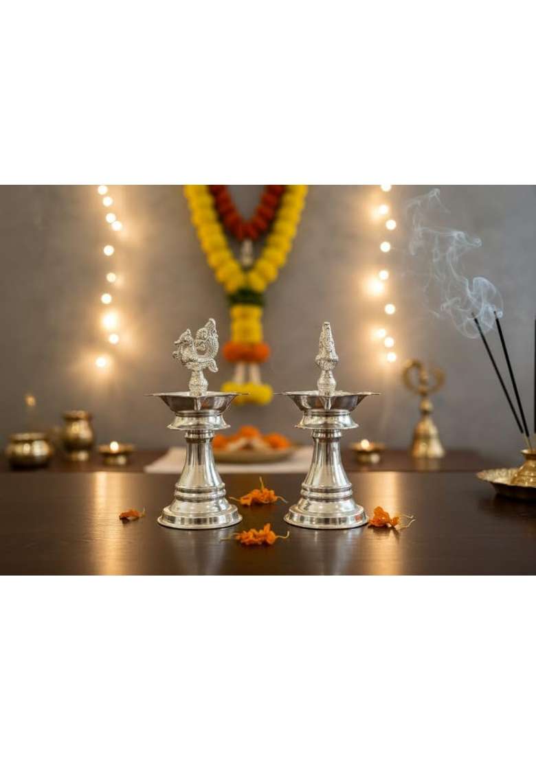 Shiv Home World German Silver Traditional Peacock Diya Lamp Set Decorative Oil Lamp Stand for Puja Pack of 2 - Indya