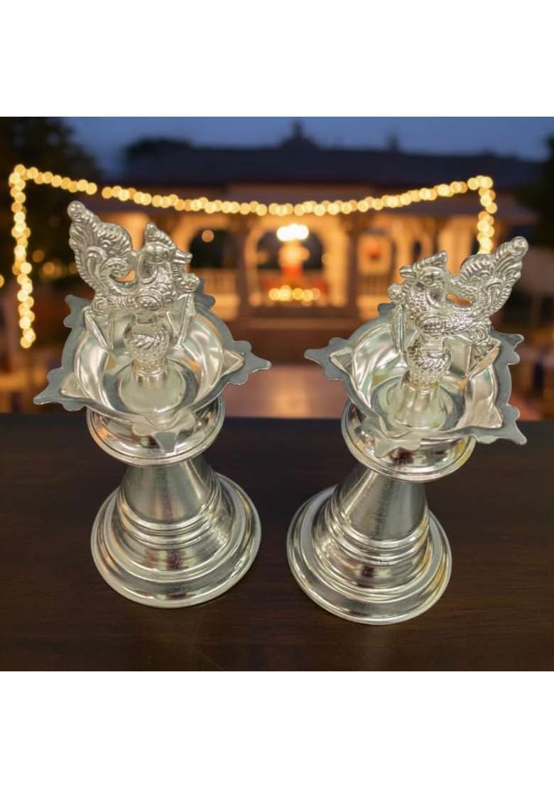 Shiv Home World German Silver Traditional Peacock Diya Lamp Set Decorative Oil Lamp Stand for Puja Pack of 2 - Indya