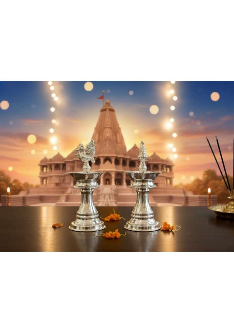 Shiv Home World German Silver Traditional Peacock Diya Lamp Set Decorative Oil Lamp Stand for Puja Pack of 2 - Indya