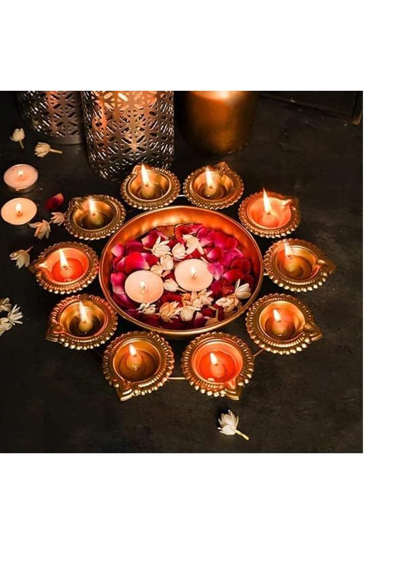 Diamond Craft 3 Piece Round Metal Diya Urli Bowl Pot Set for Diwali Home Decor Rangoli Bowl for Floating - Indya