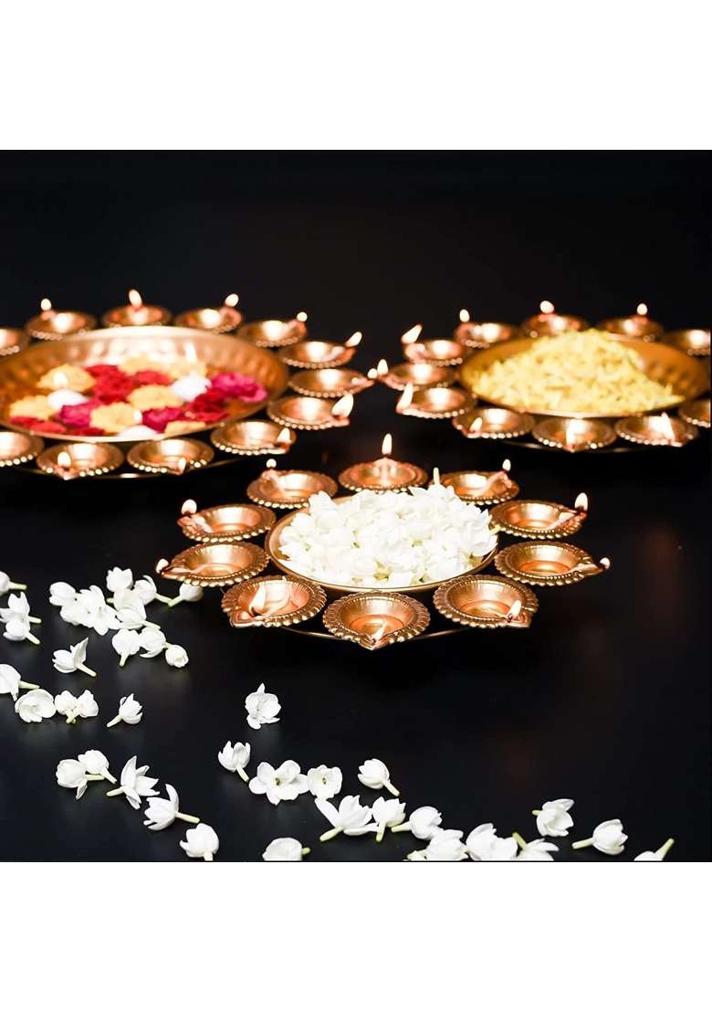 Diamond Craft 3 Piece Round Metal Diya Urli Bowl Pot Set for Diwali Home Decor Rangoli Bowl for Floating - Indya