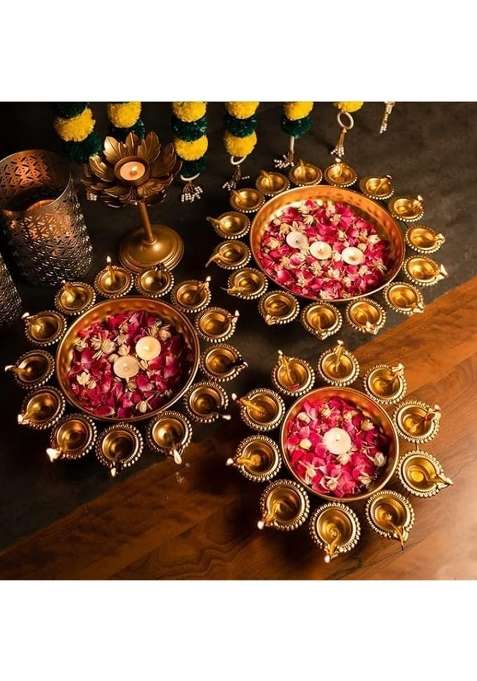 Diamond Craft 3 Piece Round Metal Diya Urli Bowl Pot Set for Diwali Home Decor Rangoli Bowl for Floating