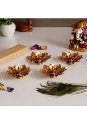 Shri Anand Lotus Floral Shape Decorative Copper Diya Aarti Diya Pooja Deepak Table Diya Copper Set of 4