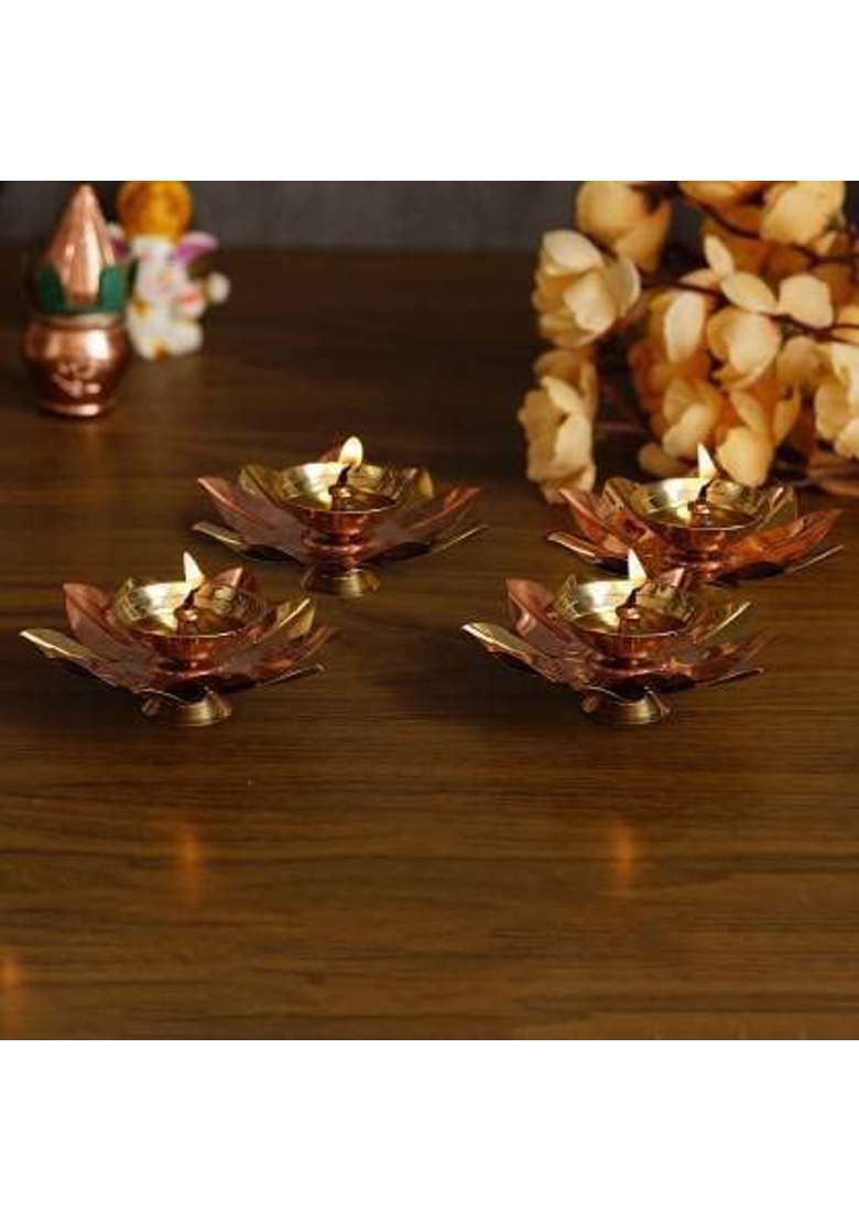 Shri Anand Lotus Floral Shape Decorative Copper Diya Aarti Diya Pooja Deepak Table Diya Copper Set of 4 - Indya