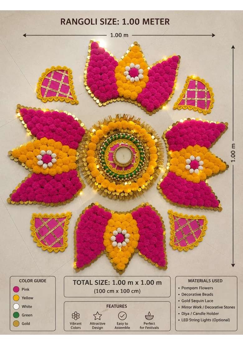 Sellplus Decorative Handmade Multicolour Pom Lotus Rangoli Tlight - Indya