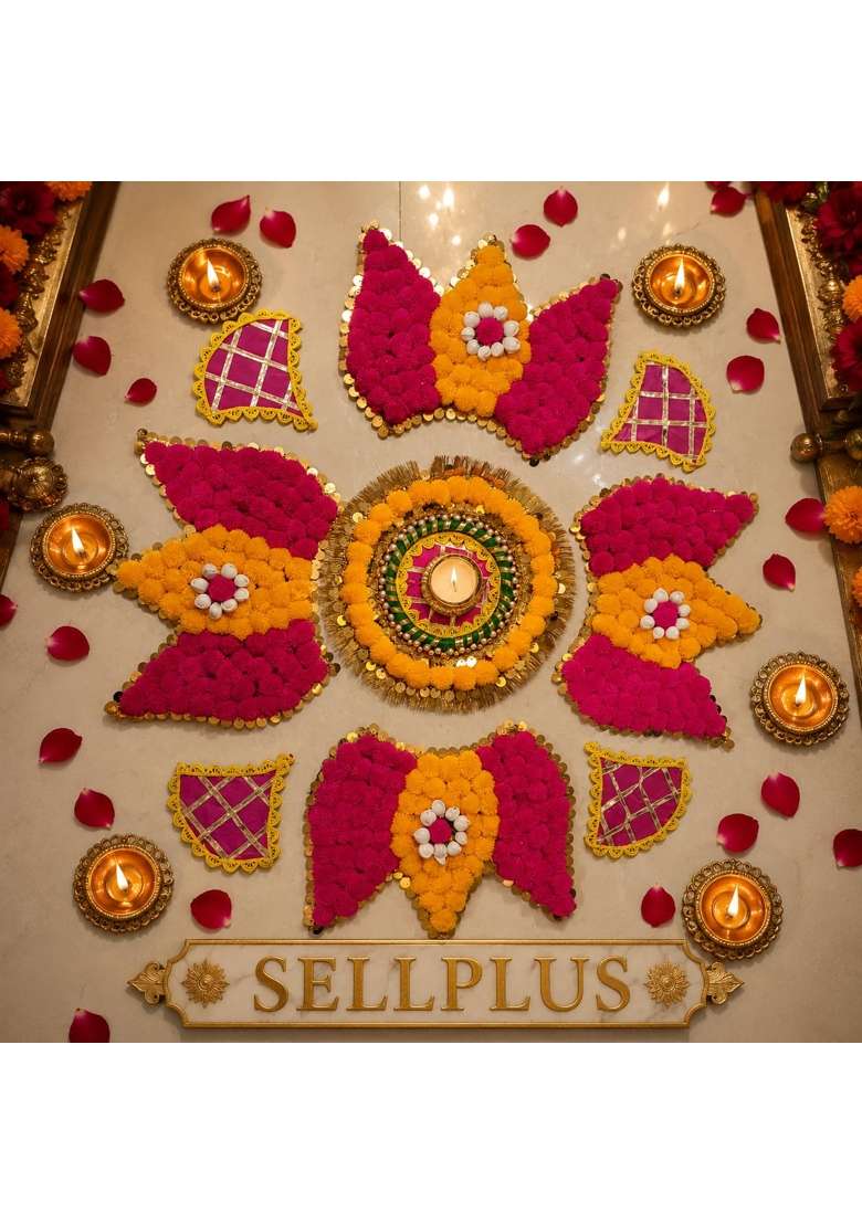 Sellplus Decorative Handmade Multicolour Pom Lotus Rangoli Tlight - Indya