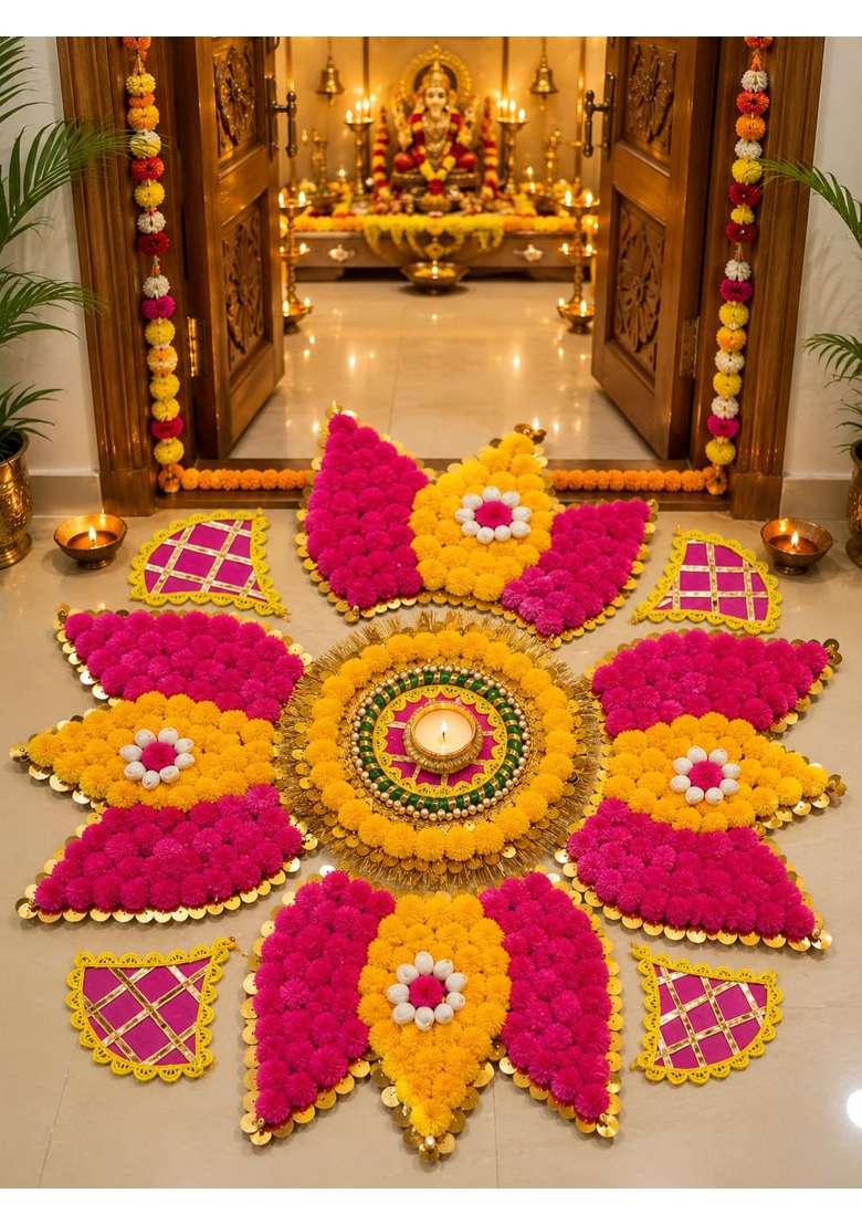 Sellplus Decorative Handmade Multicolour Pom Lotus Rangoli Tlight - Indya