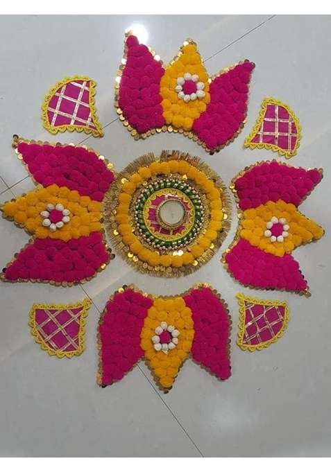 Sellplus Decorative Handmade Multicolour Pom Lotus Rangoli Tlight