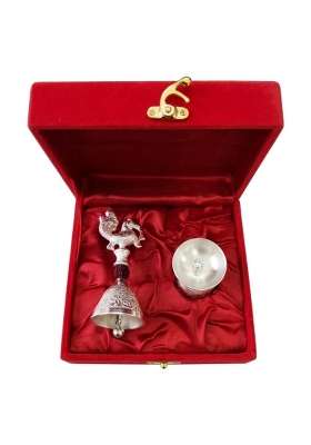 Mishita Collections German Silver Rudraksh Peacock Bell and Diya Set with Premium Velvet Gift Box