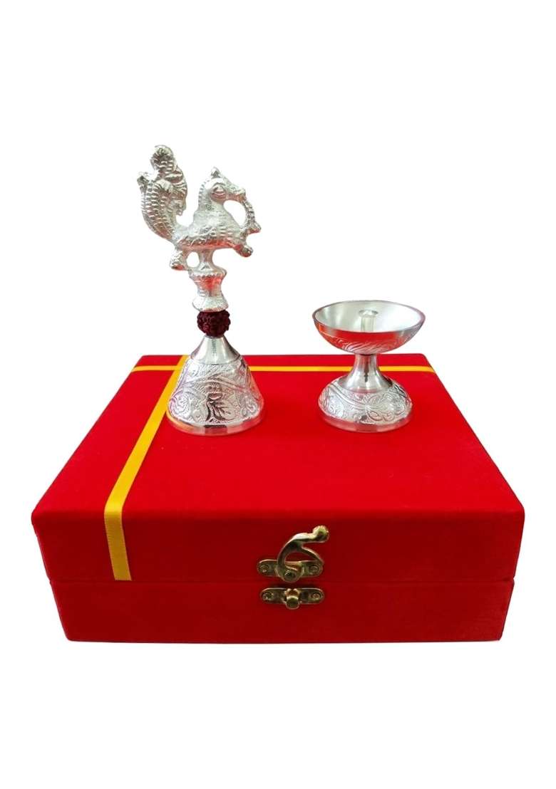 Mishita Collections German Silver Rudraksh Peacock Bell and Diya Set with Premium Velvet Gift Box - Indya