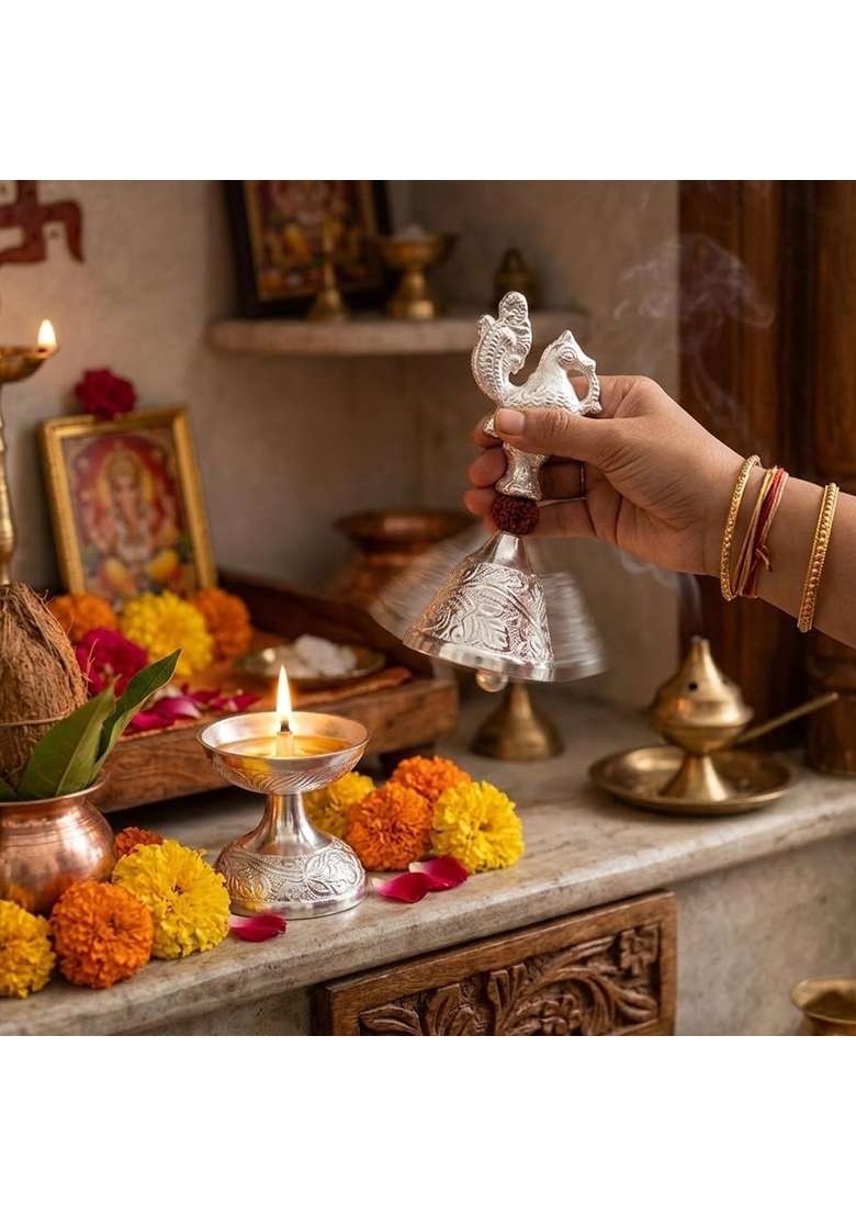 Mishita Collections German Silver Rudraksh Peacock Bell and Diya Set with Premium Velvet Gift Box - Indya