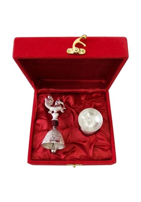 Mishita Collections German Silver Rudraksh Peacock Bell and Diya Set with Premium Velvet Gift Box