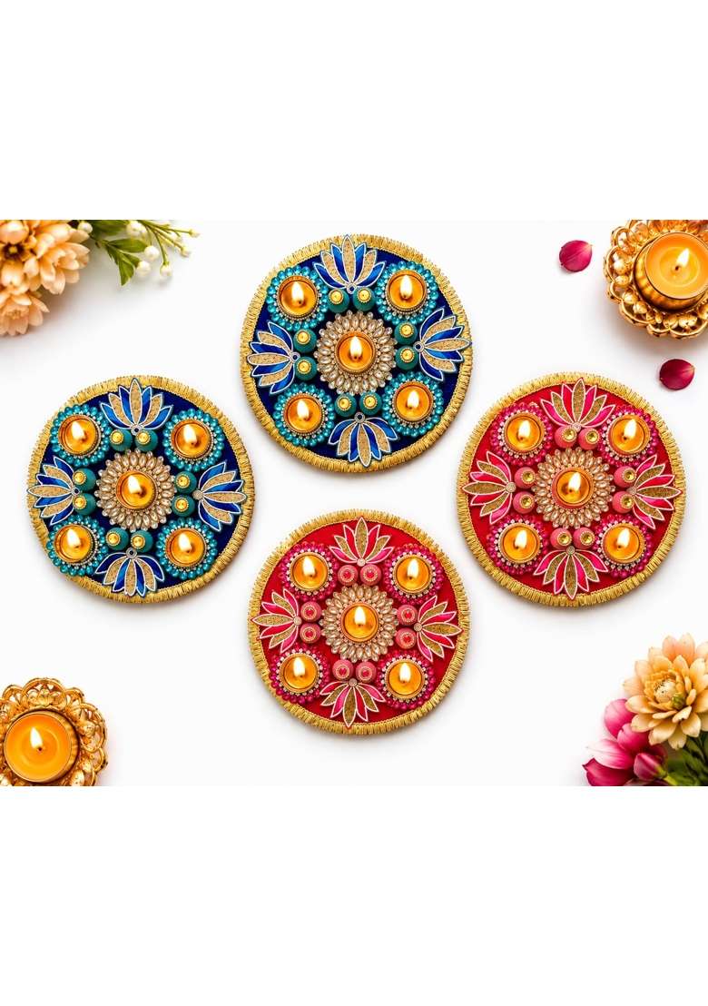 Decorative Diya Floral Mandala Design Set of 4 - Indya