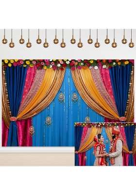 Yeele 7x5ft India Pooja Diwali Marigold Blue Curtain Background for Photography Indian Ganpati Puja