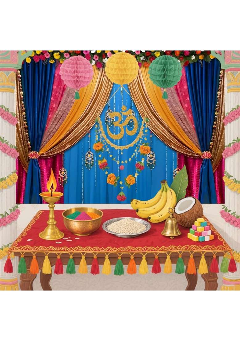 Yeele 7x5ft India Pooja Diwali Marigold Blue Curtain Background for Photography Indian Ganpati Puja - Indya