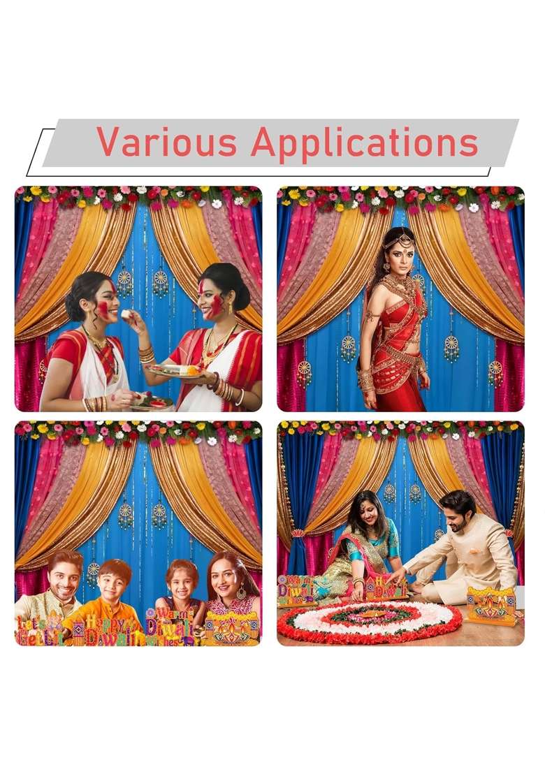 Yeele 7x5ft India Pooja Diwali Marigold Blue Curtain Background for Photography Indian Ganpati Puja - Indya