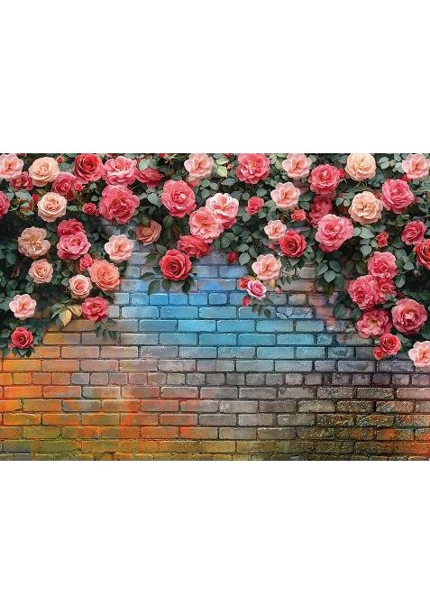 Dudaacvt 7x5ft Pink Rose Flower Backdrop Colorful Brick Wall Flowers Backdrops Wedding Birthday Party Baby