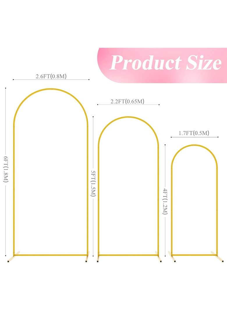 Wokceer Wedding Arch Backdrop Stand 6Ft 5Ft 4Ft Gold Metal Arch Backdrop Stand for Wedding Ceremony Set of 3 - Indya