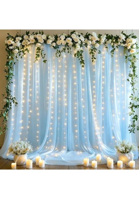 Party Talk 10x10ft Blue Tulle Backdrop Curtains with Lights String for Parties