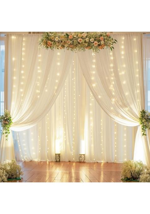 Wish Care 10Ft X 10Ft Ivory Chiffon Backdrop Curtain with Lights String for Parites Wedding Wrinkle Free