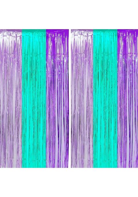 Juicy MOOM Teal Purple Tinsel Foil Fringe Curtains Under the Sea Baby Shower Birthday Photo Backdrops Wedding