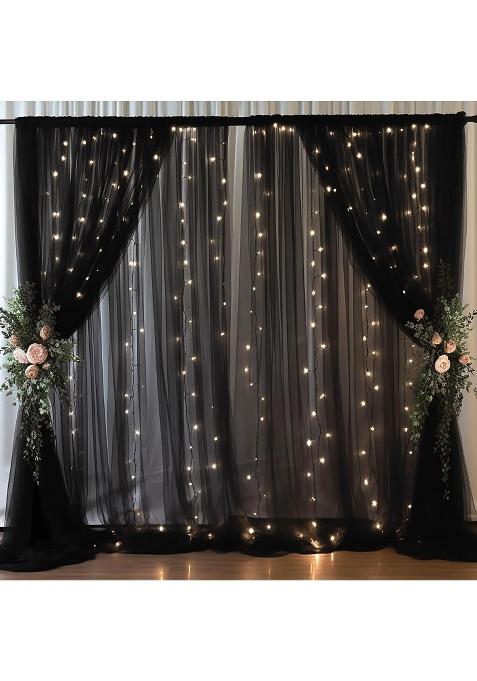 Partisky 20x10ft Black Tulle Backdrop Curtain with Lights String for Parites