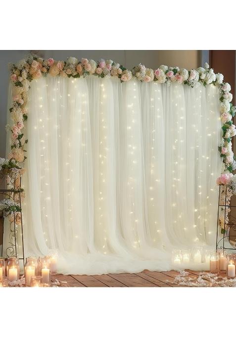Partisky 10x10ft Ivory Tulle Backdrop Curtain with Lights String for Parites