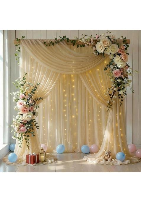 Gallety 10 Ft X 8 Ft Champagne Backdrop Curtain Tulle Backdrop Curtain with 9 Point 8Ft Lights String