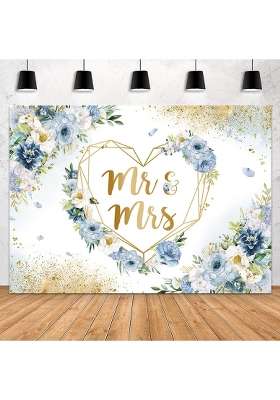 Mehofond 7x5ft Mr and Mrs Backdrop for Bridal Shower Blue and White Floral Photography Background Hearts