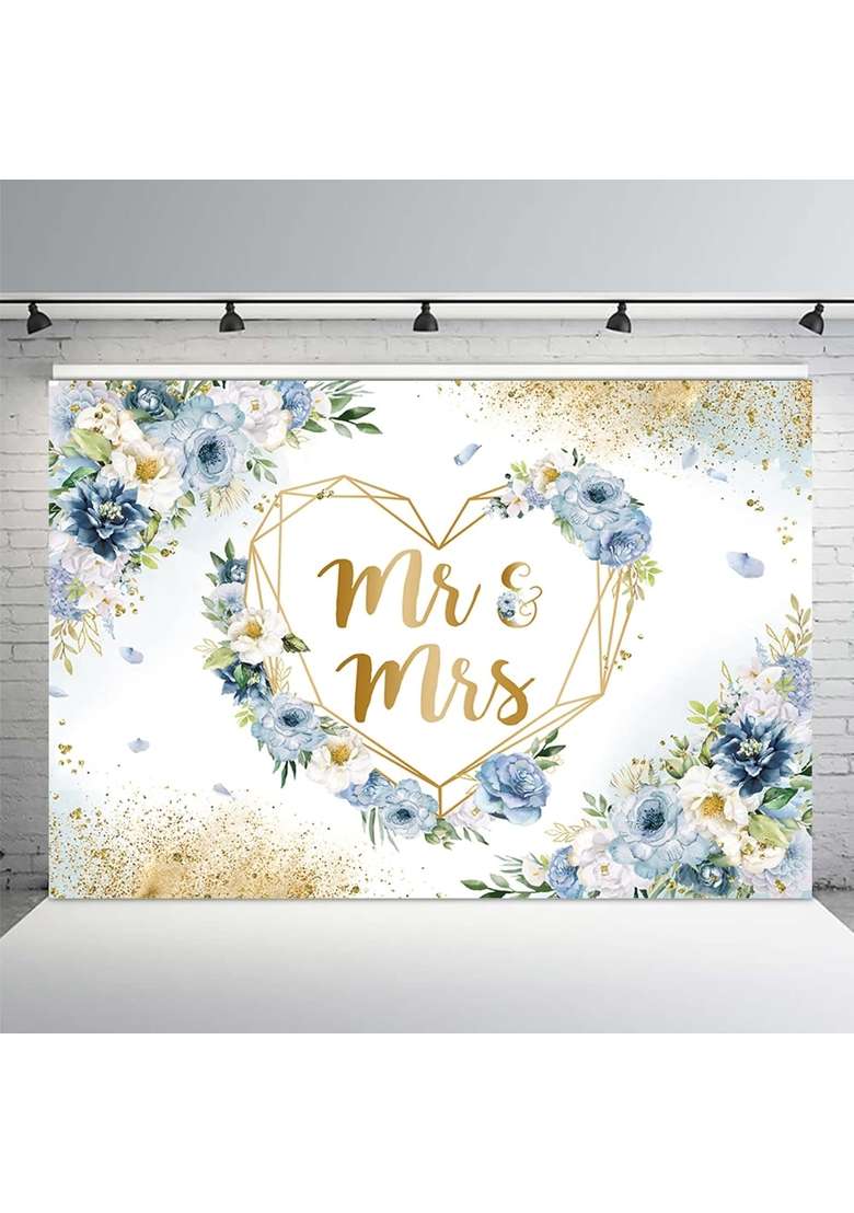 Mehofond 7x5ft Mr and Mrs Backdrop for Bridal Shower Blue and White Floral Photography Background Hearts - Indya