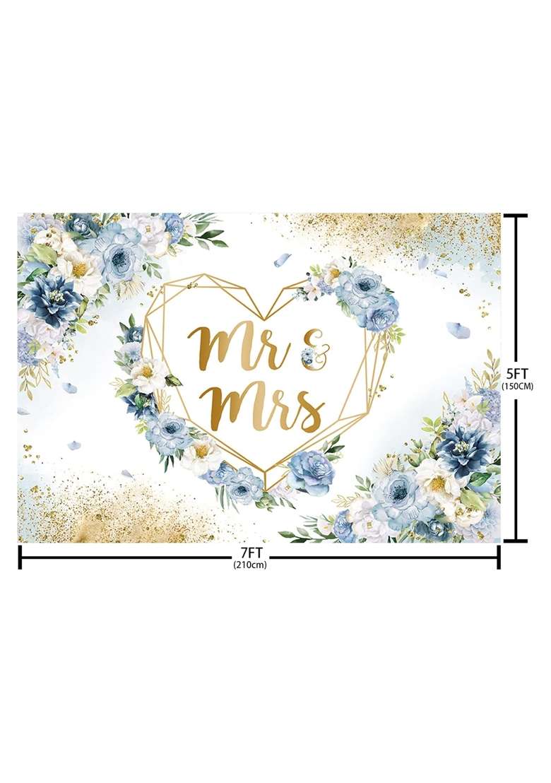 Mehofond 7x5ft Mr and Mrs Backdrop for Bridal Shower Blue and White Floral Photography Background Hearts - Indya