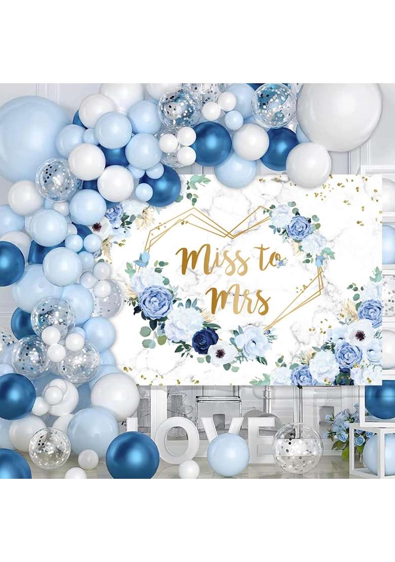 Aibiin 10x7ft Miss to Mrs Floral Backdrop for Bridal Shower Blue and White Flowers Photography Background - Indya
