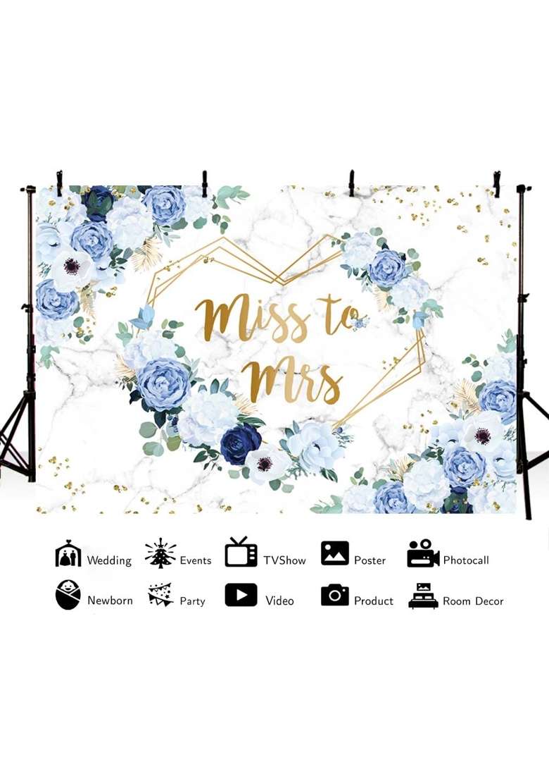 Aibiin 10x7ft Miss to Mrs Floral Backdrop for Bridal Shower Blue and White Flowers Photography Background - Indya