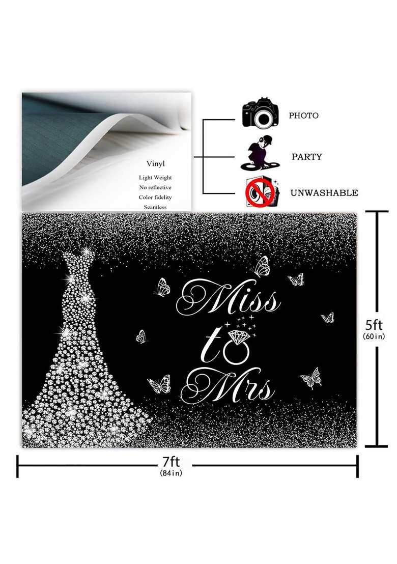 Avezano Miss to Mrs Bridal Shower Backdrop Black Silver Diamond Wedding Dress Bridal Shower Party Decorations - Indya