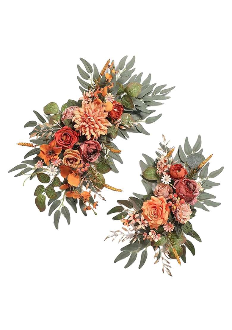 Ecomistiq 2 Pieces Silk Flowers Hanging Wedding Arch Wreath for Farmhouse Wall Wedding Orange - Indya