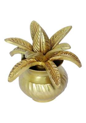 Two Moustaches 5 Inches Brass Mangal Kalash with Coconut Showpiece Kalash for Pooja Antique Yellow Pack of 1