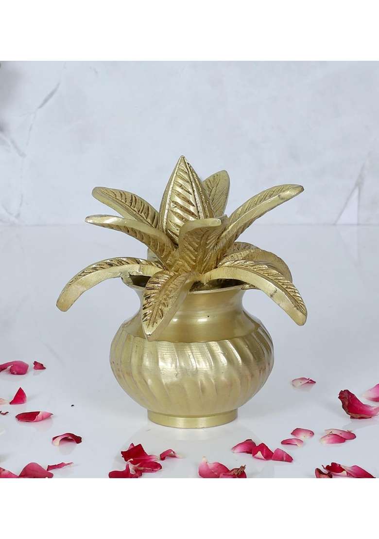 Two Moustaches 5 Inches Brass Mangal Kalash with Coconut Showpiece Kalash for Pooja Antique Yellow Pack of 1 - Indya