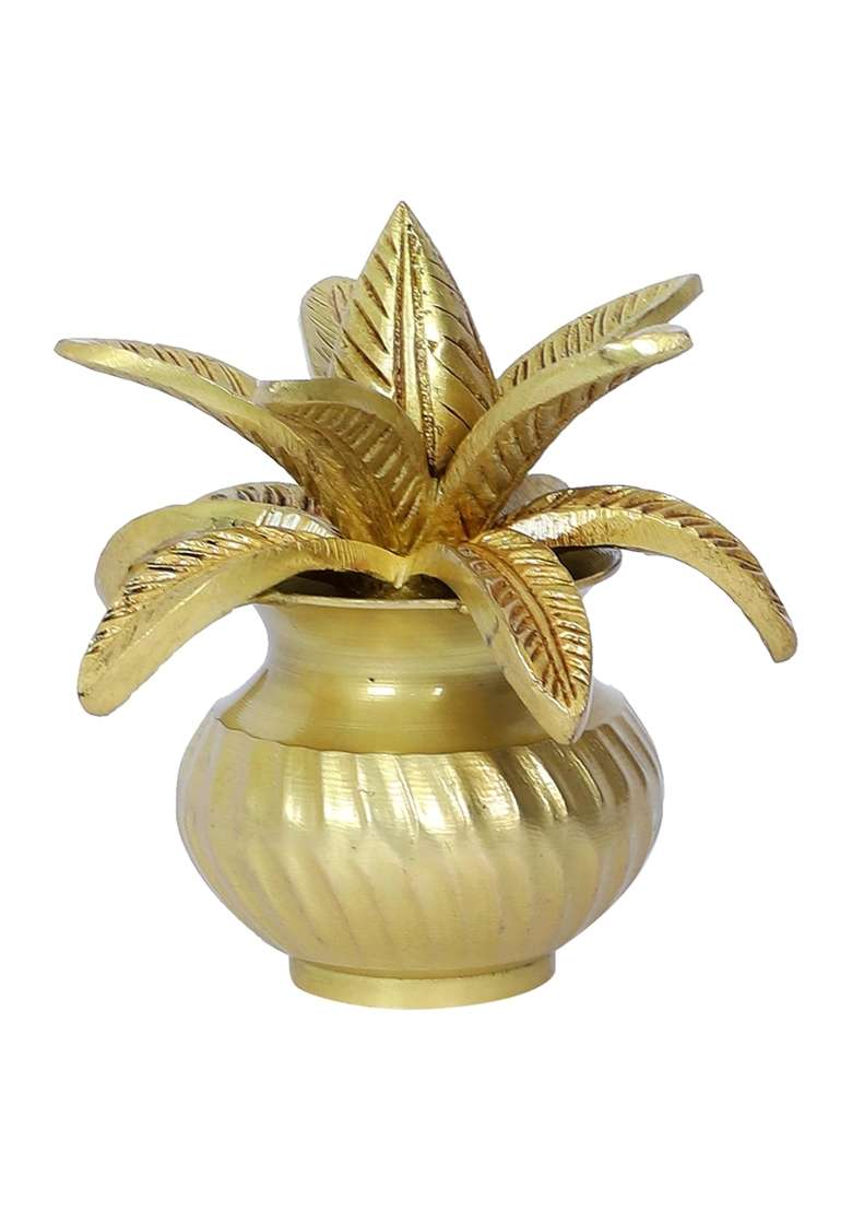 Two Moustaches 5 Inches Brass Mangal Kalash with Coconut Showpiece Kalash for Pooja Antique Yellow Pack of 1 - Indya