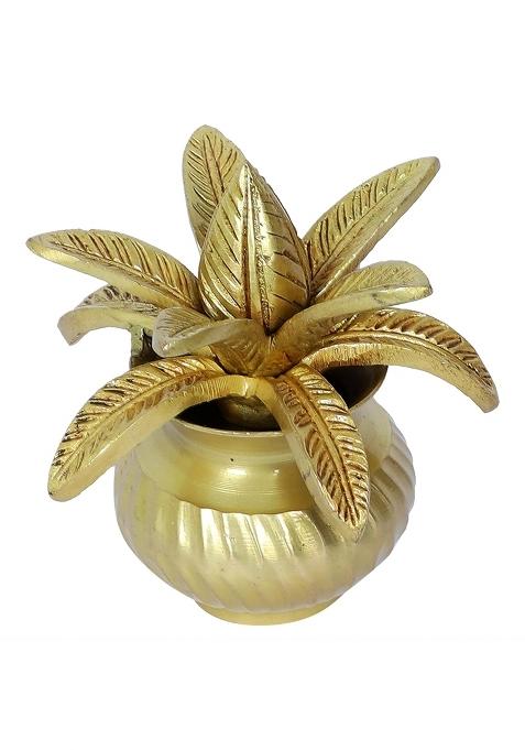 Two Moustaches 5 Inches Brass Mangal Kalash with Coconut Showpiece Kalash for Pooja Antique Yellow Pack of 1