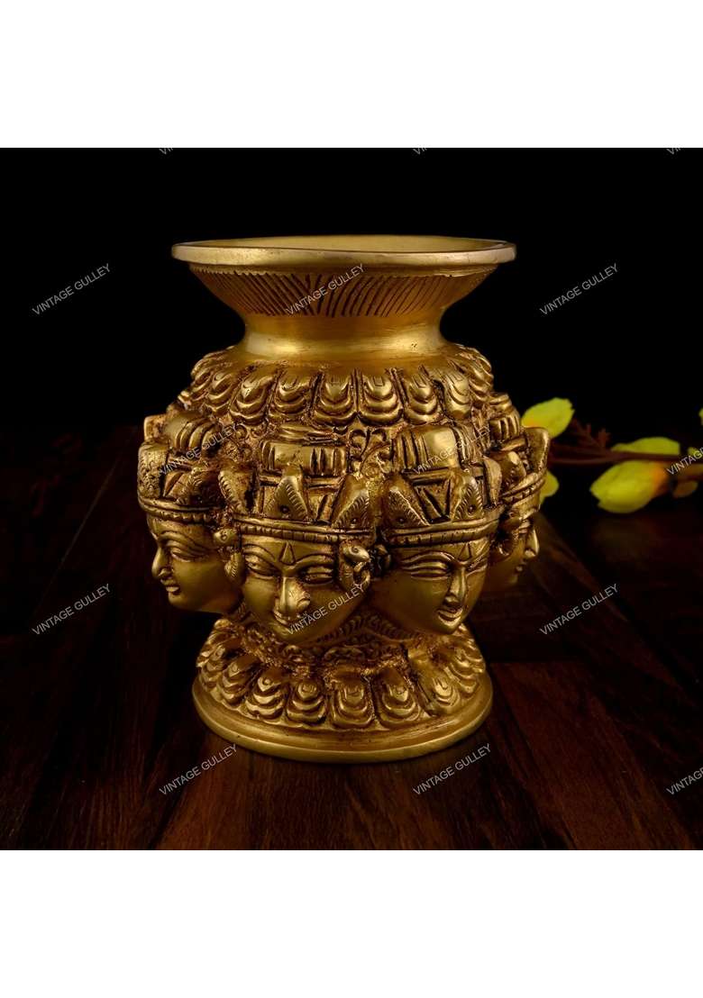 Vintage Gulley Gold Brass Ashtalakshmi Kalash Antique Finish Brass Ashta Lakshmi Kalash for Pooja Home Temple - Indya