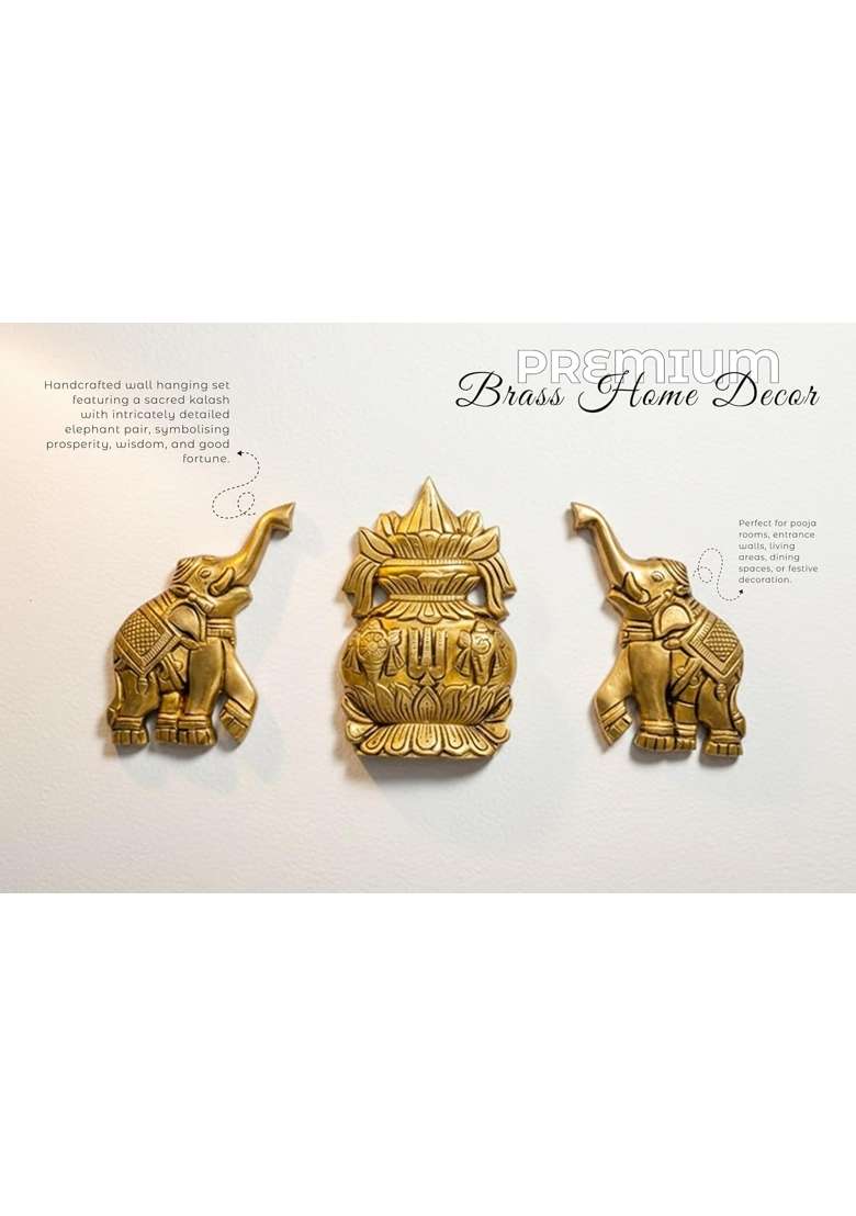 SJL Exports Wall Hanging Kalash with Elephant Pair Set Traditional Brass Finish 10x13 CM - Indya