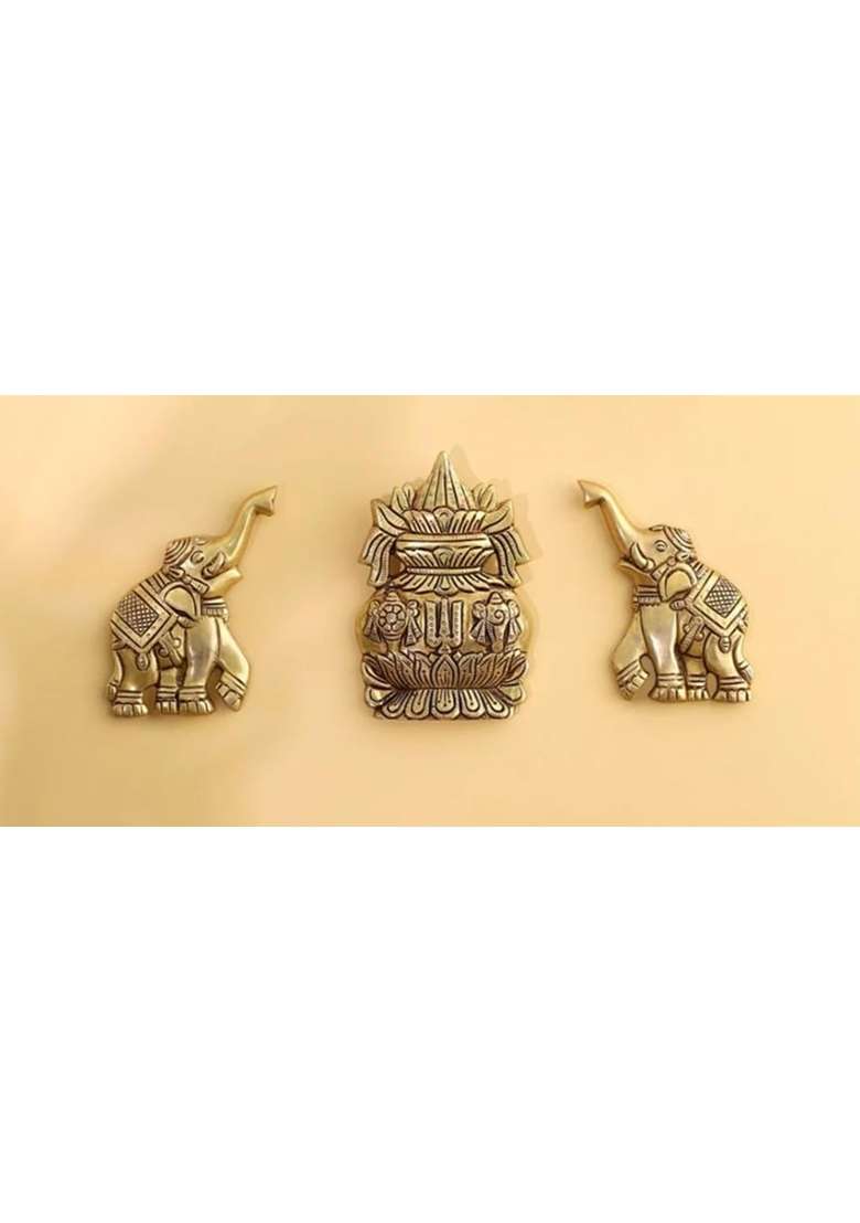 SJL Exports Wall Hanging Kalash with Elephant Pair Set Traditional Brass Finish 10x13 CM - Indya