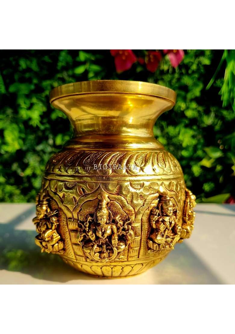 Bigiraaya 100 Percent Pure Brass Ashtalakshmi Kalash Sacred Pooja Lota with 8 Forms of Lakshmi for Varalakshmi - Indya