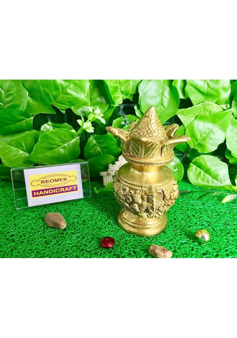 Reomek Gold Handicraft Brass Kalash for Pooja Puja Mandir Home Decor Housewarming Diwali Gift Items - Indya