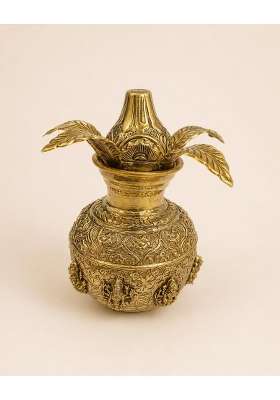 Golden Brass Ashta Lakshmi Kalash for Pooja Embossed Lakshmi Kalash with Mango Leaves Design
